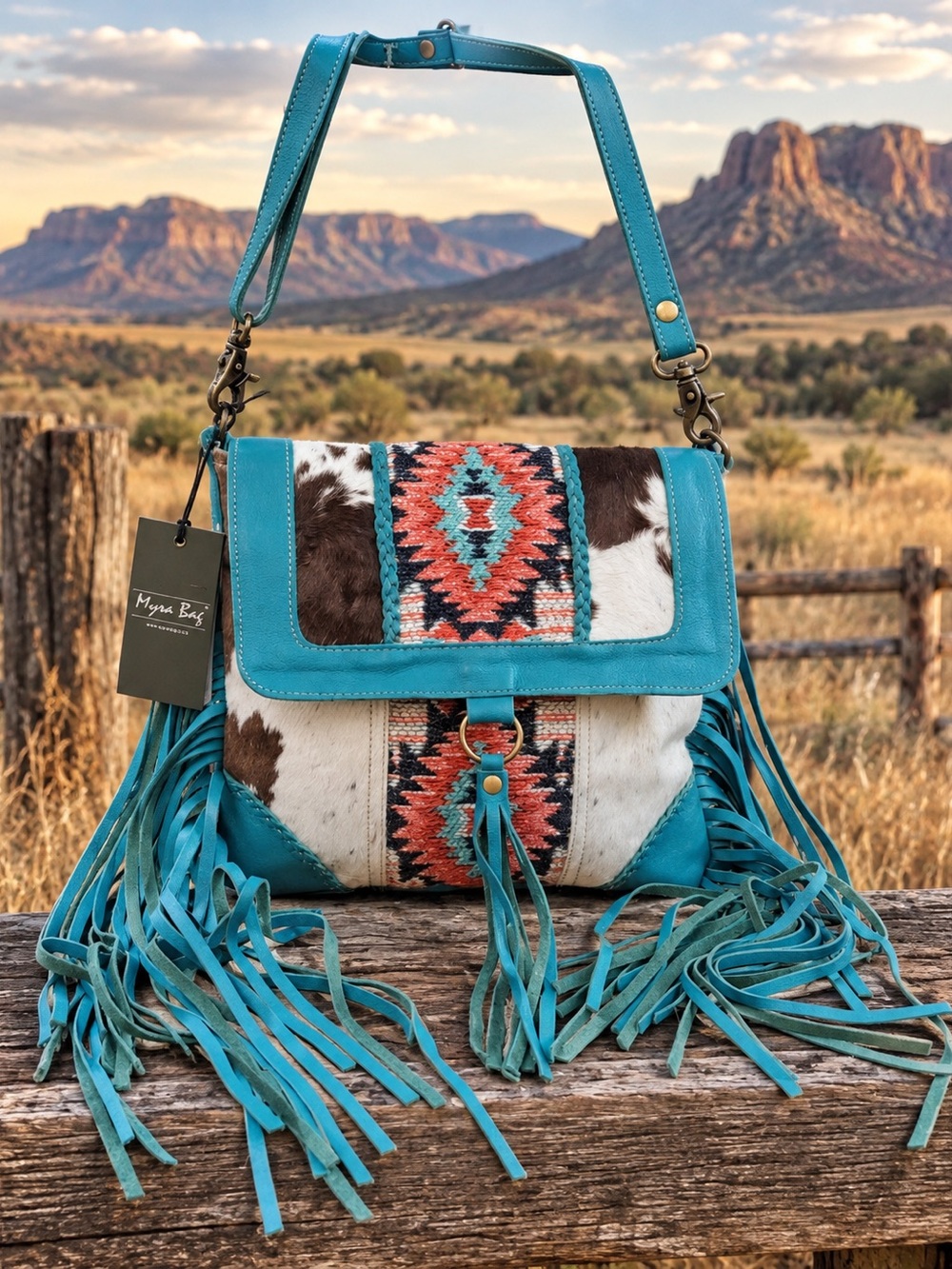 NWT Myra Bag Leather Turquoise Fringe Aztec Cowhide Shoulder Bag